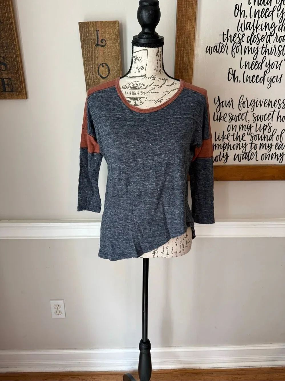 Madewell Women's Frontrunner Linen 3/4 Sleeve T-Shirt Heather Gray Brown Size XS